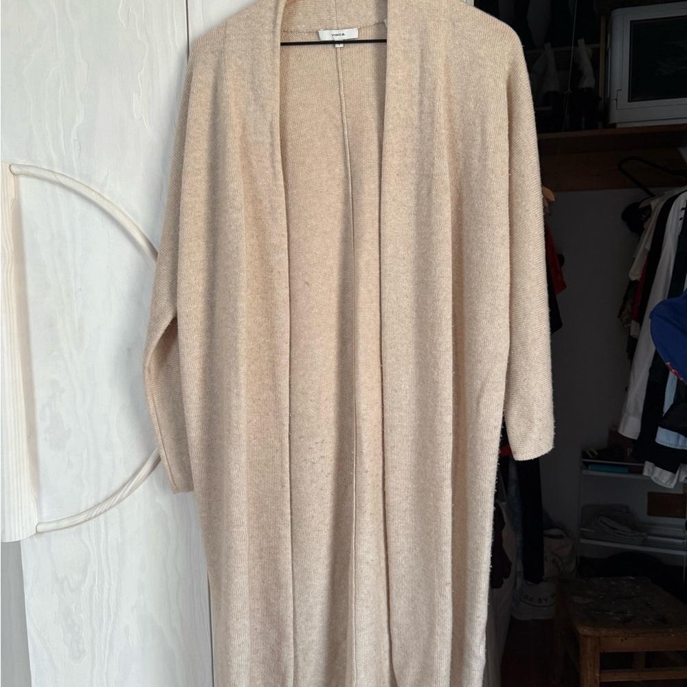 Beige long Open-Front belted cashmere blend Sweater cardigan